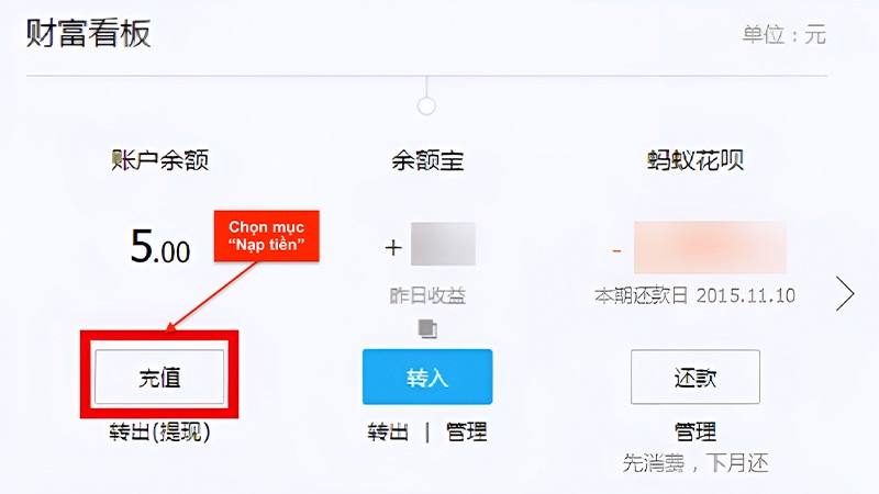 chọn mục nạp tiền